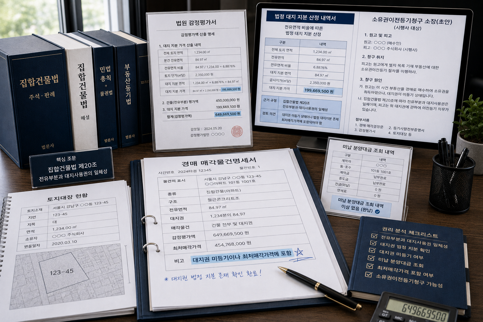 전유부분과 대지사용권의 일체성 조문집과 대지 지분 가격이 꼼꼼하게 합산된 법원 감정평가서, 그리고 토지대장 현황이 정밀하게 크로스 체크되고 있는 부동산 전문 자산 분석가의 업무 공간이미지