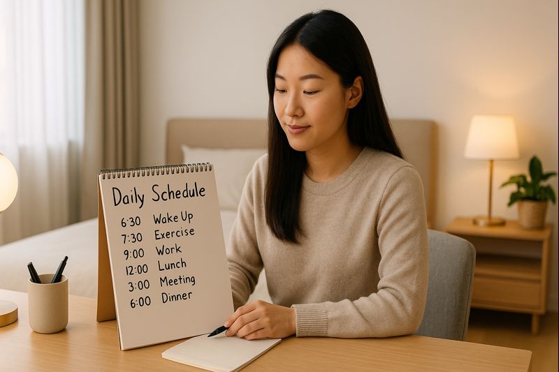 하루 일과표를 작성하고 있는 여성