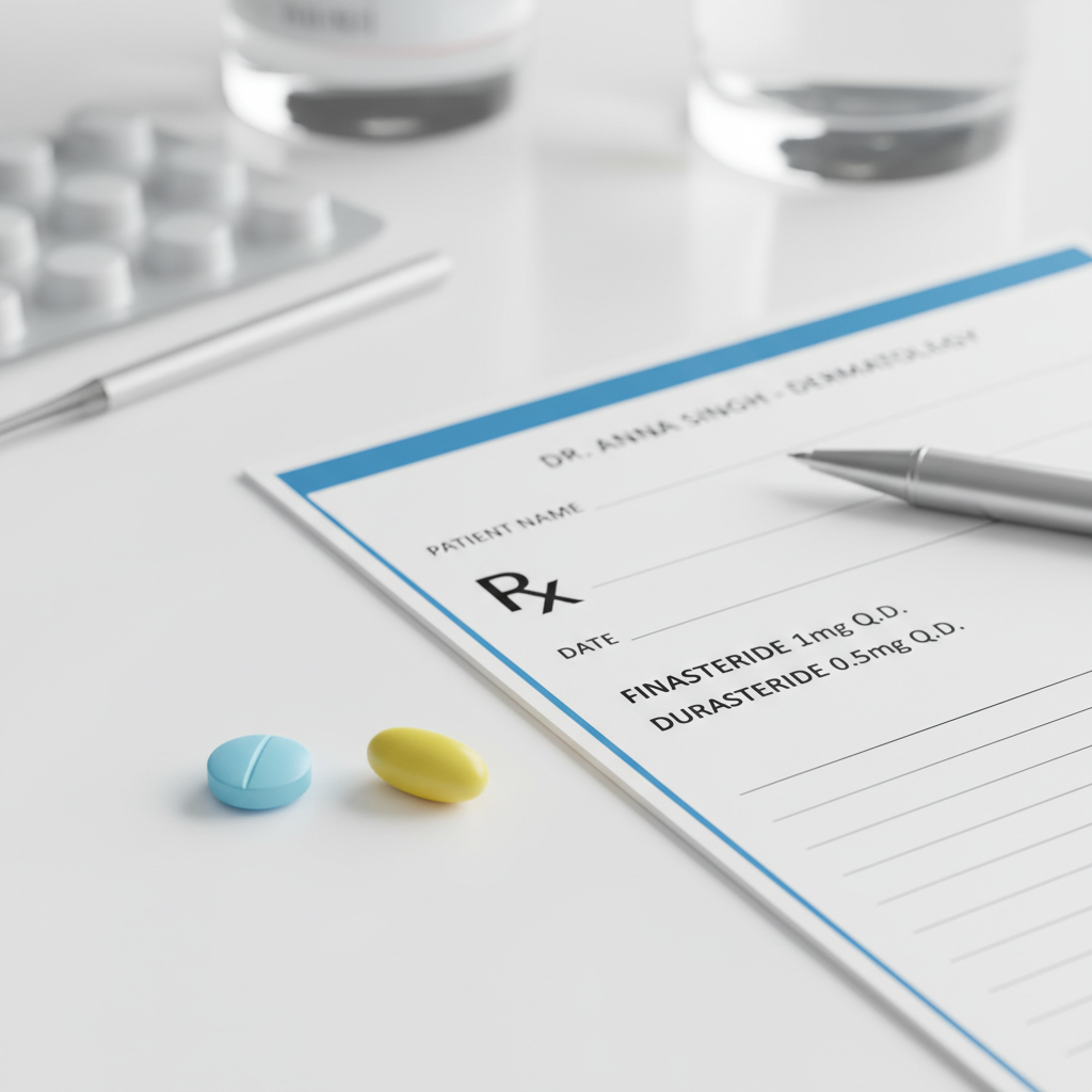 피나스테리드와 두타스테리드 성분의 탈모약 정제와 처방전 이미지.