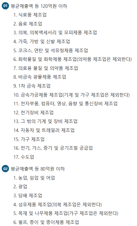 업종별 소기업 평균매출액 기준