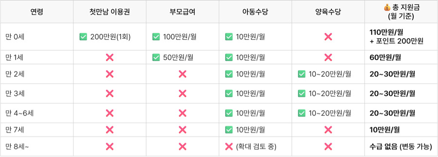 연령별 수급 가능 조합 & 총 지원금 정리 표 사진