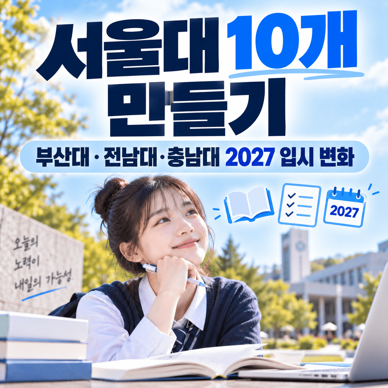 2027학년도 부산대&middot;전남대&middot;충남대 입시 적용 시점을 달력과 모집요강으로 확인하는 일러스트