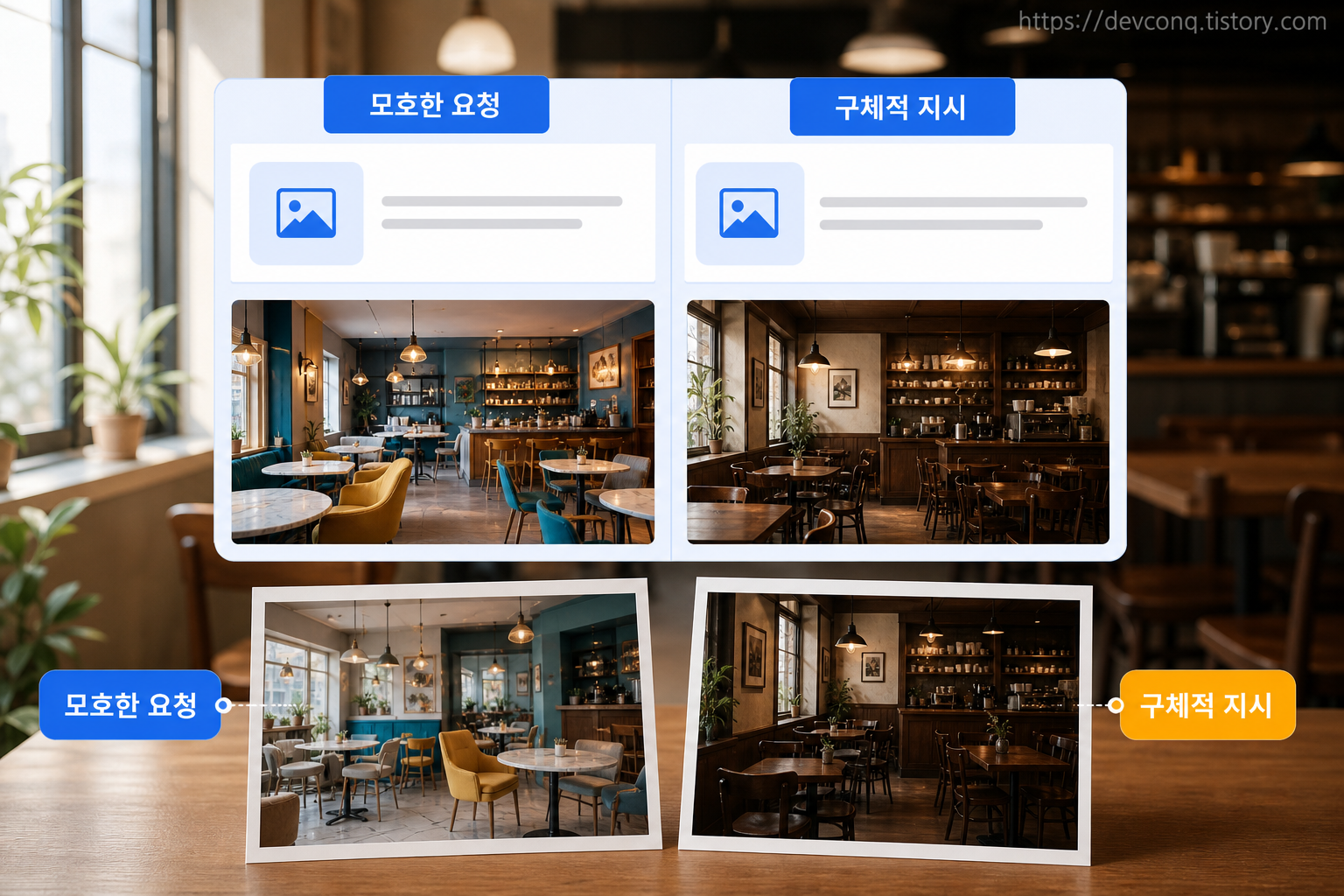 모호한 카페 요청과 구체적인 카페 촬영 지시의 결과 차이를 보여주는 비교 화면