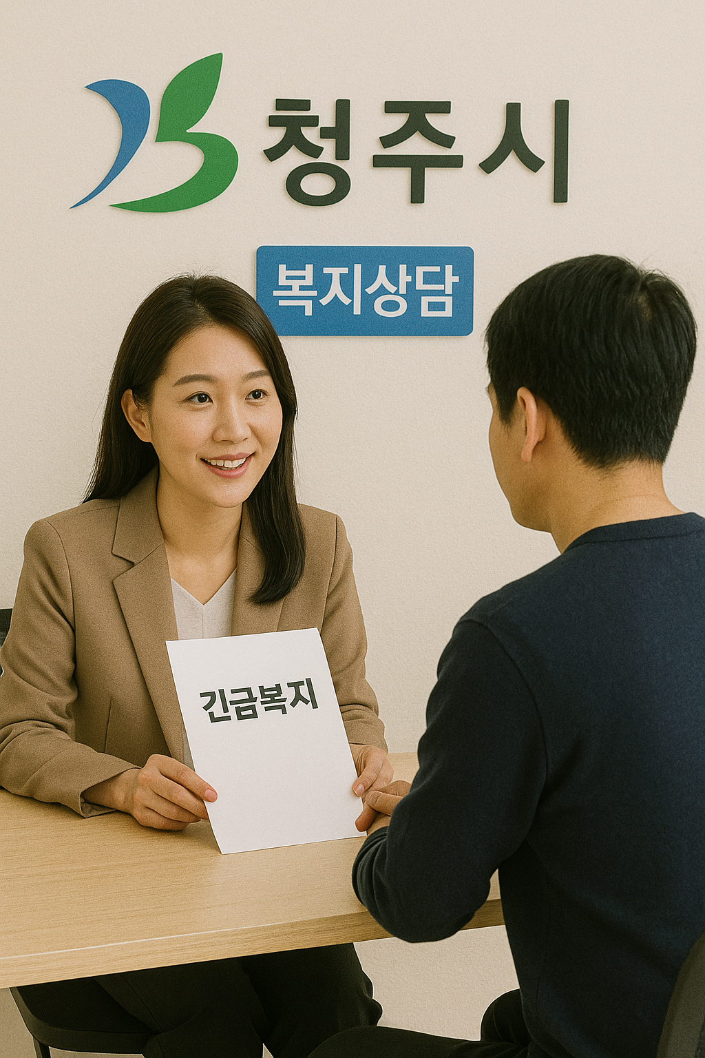 청주시 복지상담 창구에서 긴급복지 관련 안내를 받는 시민의 모습