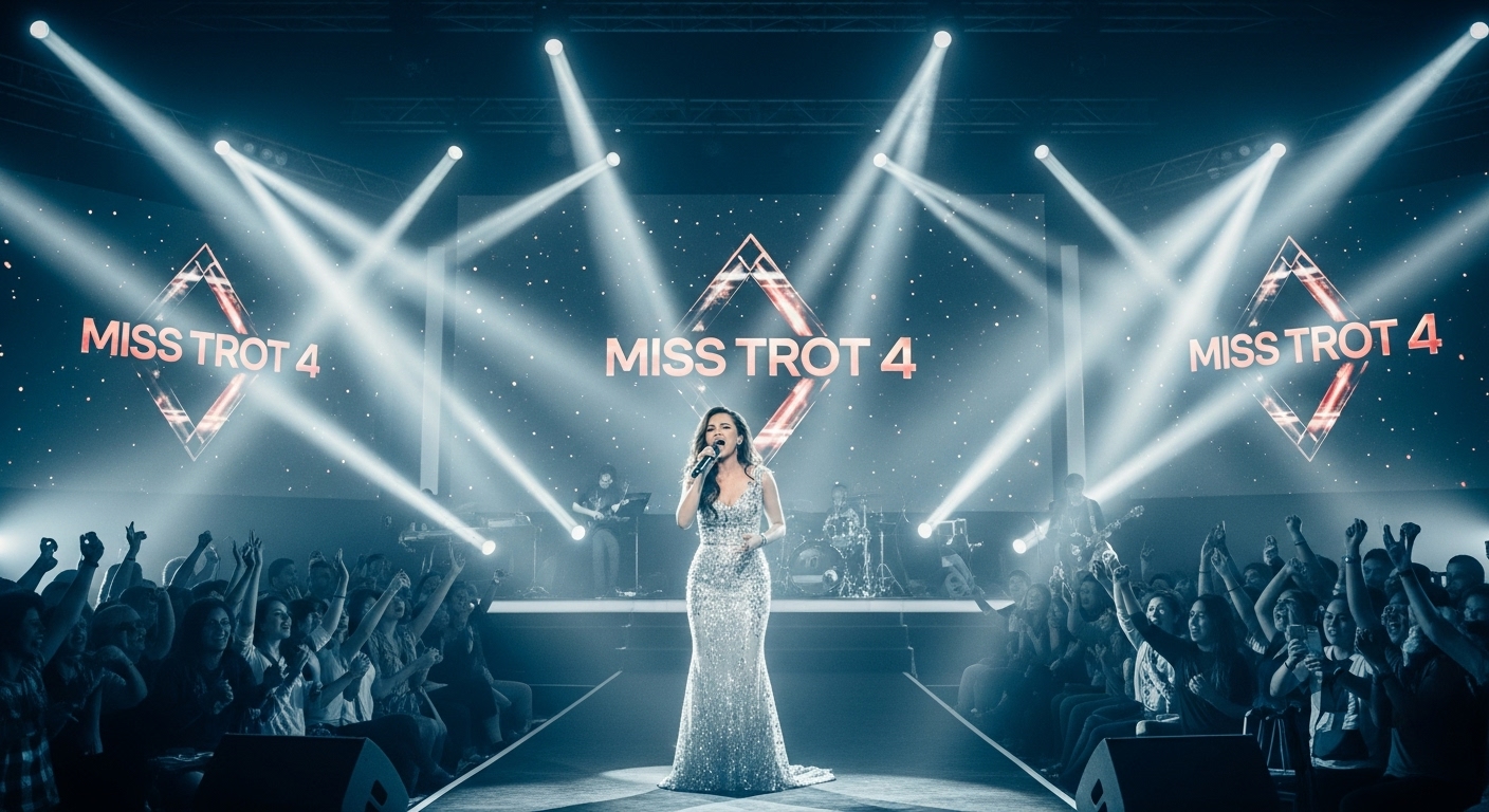 화려한 무대 위에서 열정적으로 노래하는 미스트롯4 참가자의 모습, 밝은 조명과 열광적인 관객들이 어우러져 트로트 경연의 뜨거운 분위기를 생생하게 전달합니다.