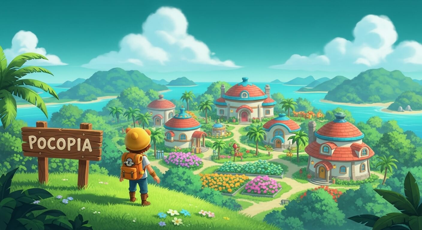 포코피아의 이정표에 아이가서있고 마을이 있는 삽화