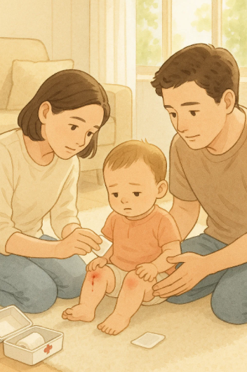 넘어진 아기 무릎을 부드럽게 닦아주는 부모의 응급처치 장면