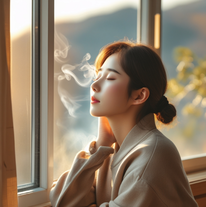 창밖을 바라보며 조용히 눈을 감고 감정을 정리하는 모습