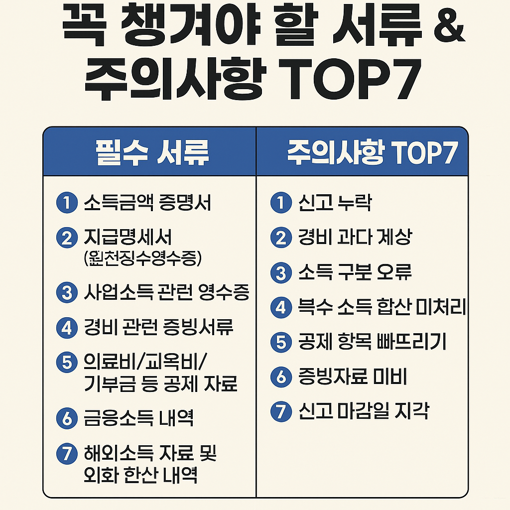 2025년 종합소득세 신고를 위한 필수 서류 및 주의사항 TOP7을 정리한 인포그래픽