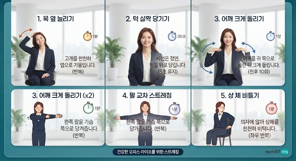 직장인을 위한 5분 오피스 스트레칭 루틴 (목, 어깨, 팔, 상체 비틀기 5가지 동작 안내 인포그래픽)