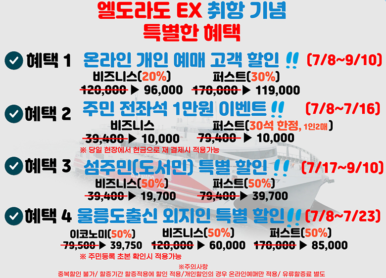 포항(여객선터미널) - 울릉도(사동항) 쾌속선 엘도라도 익스프레스호 운항 시간표 운임 할인 요금 승선 예매2