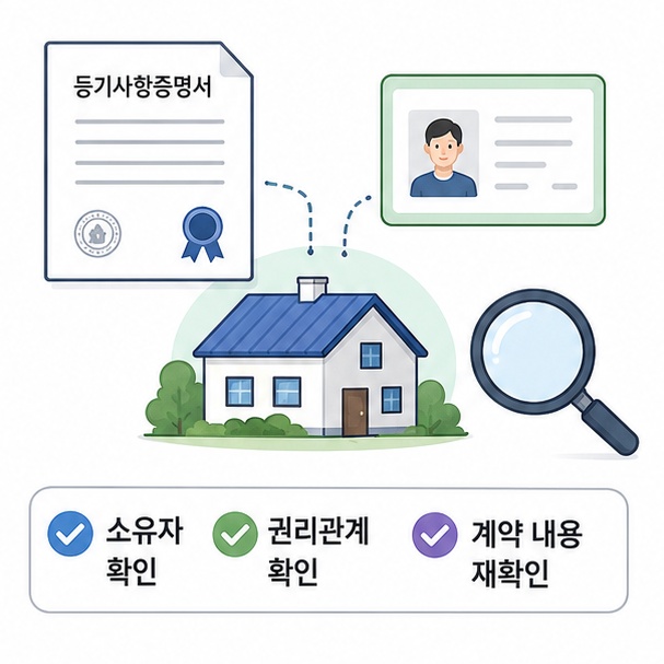 등기사항증명서와 신분증, 주택을 통해 소유자와 권리관계 확인 과정을 보여주는 이미지