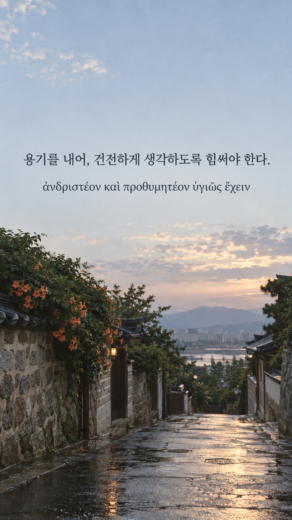 플라톤 명언 30 용기를 내어, 건전하게 생각하도록 힘써야 한다. 비 갠 뒤 젖은 길과 맑아지는 하늘 배경의 한글·그리스어 세로 이미지