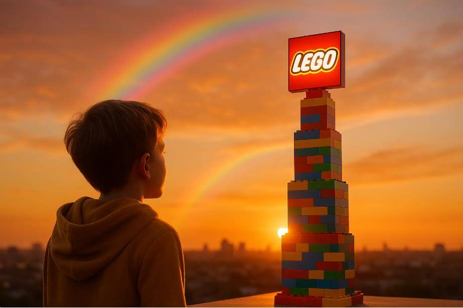 노을 속에서 레고 블록 탑을 바라보는 아이의 모습 &ndash; 신뢰와 희망의 상징.