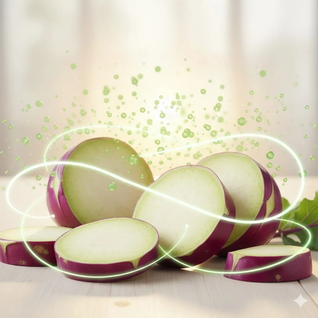 잘라 놓은 콜라비 조각들 사이로 식이섬유를 연상시키는 부드러운 곡선들이 강조되어 있습니다. 배경에는 장 내 유익균을 상징하는 작은 녹색 입자들이 떠다니며&amp;#44; 콜라비가 장 환경을 개선하는 데 기여함을 표현합니다.