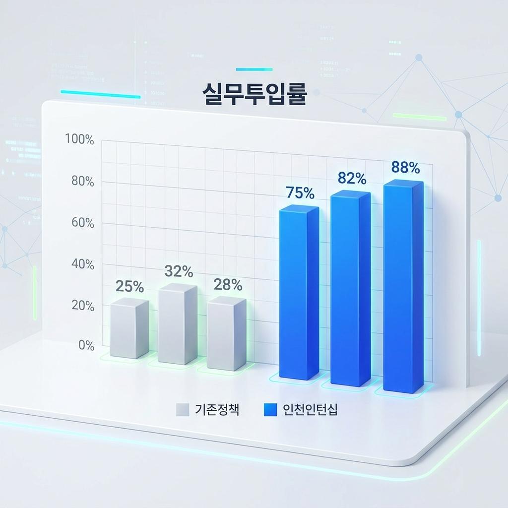 기존 정책과 인천 인턴십의 실무 투입률 차이를 명확한 수치와 막대그래프로 비교한 데이터 차트