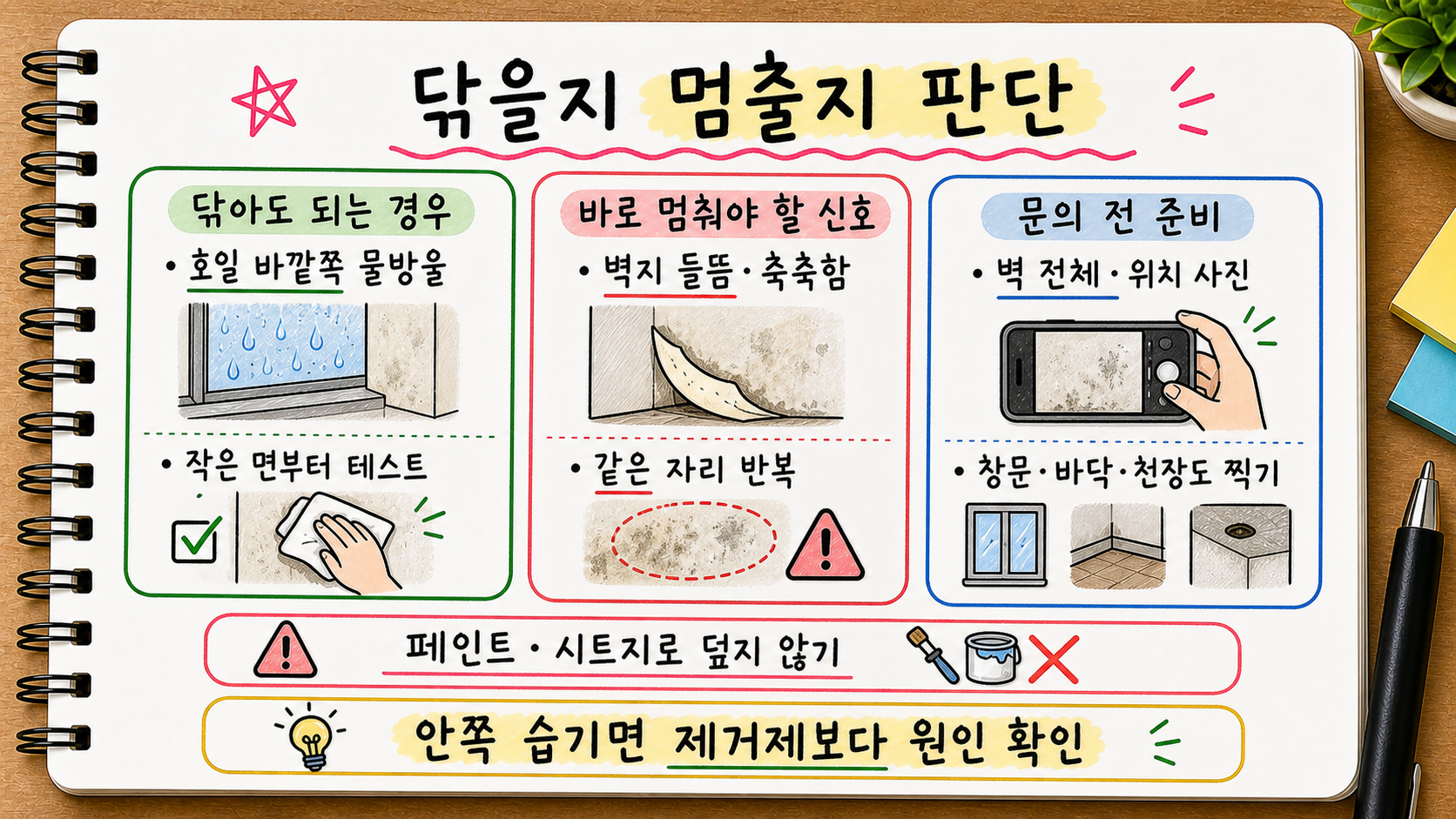벽지 곰팡이를 닦아도 되는 경우와 바로 멈춰야 할 신호 문의 전 사진 준비를 정리한 손글씨 카드