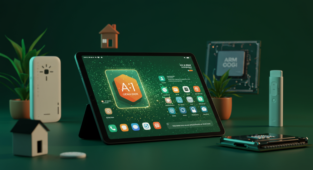 2025년 최신 AI, 폴더블, ARM 프로세서 기술이 집약된 혁신적인 태블릿PC의 모습. 미래지향적인 디자인과 스마트홈 연동 기능이 강조됨.
