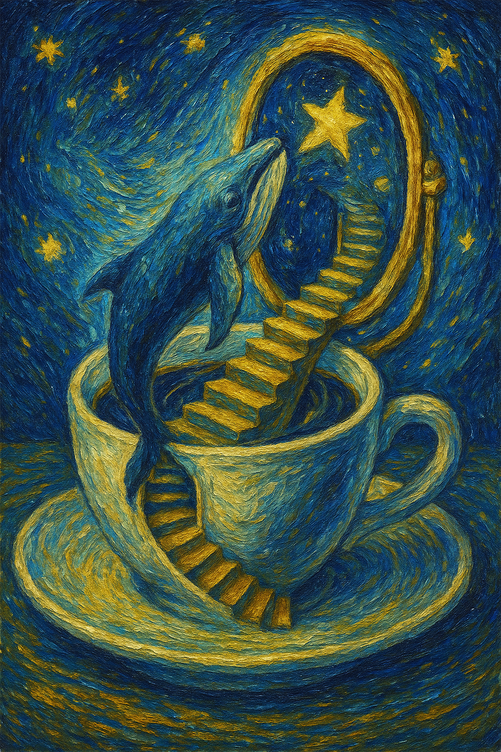 ChatGPT Image 커피잔 속 거울 계단을 오르며 별빛을 삼키는 고래 - 초현실, 반고호스타일, 임파스토