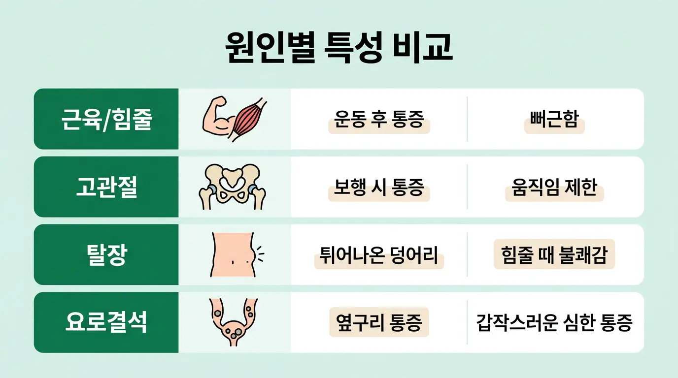 사타구니 통증 원인 비교표