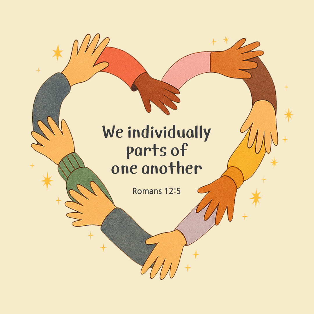 We individually parts of one another. (Romans 12:5) by pieonane Daily Bible quote image