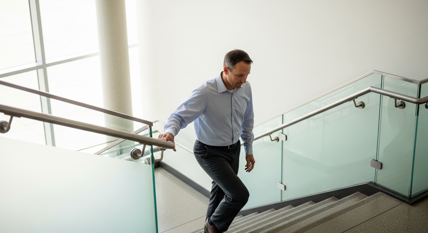 계단을 오르다가 숨이 차는 상황을 설명하는 이미지