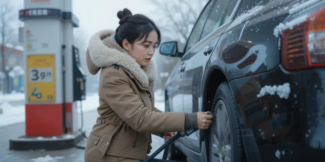 셀프 주유소에서 타이어 공기 넣는 여성