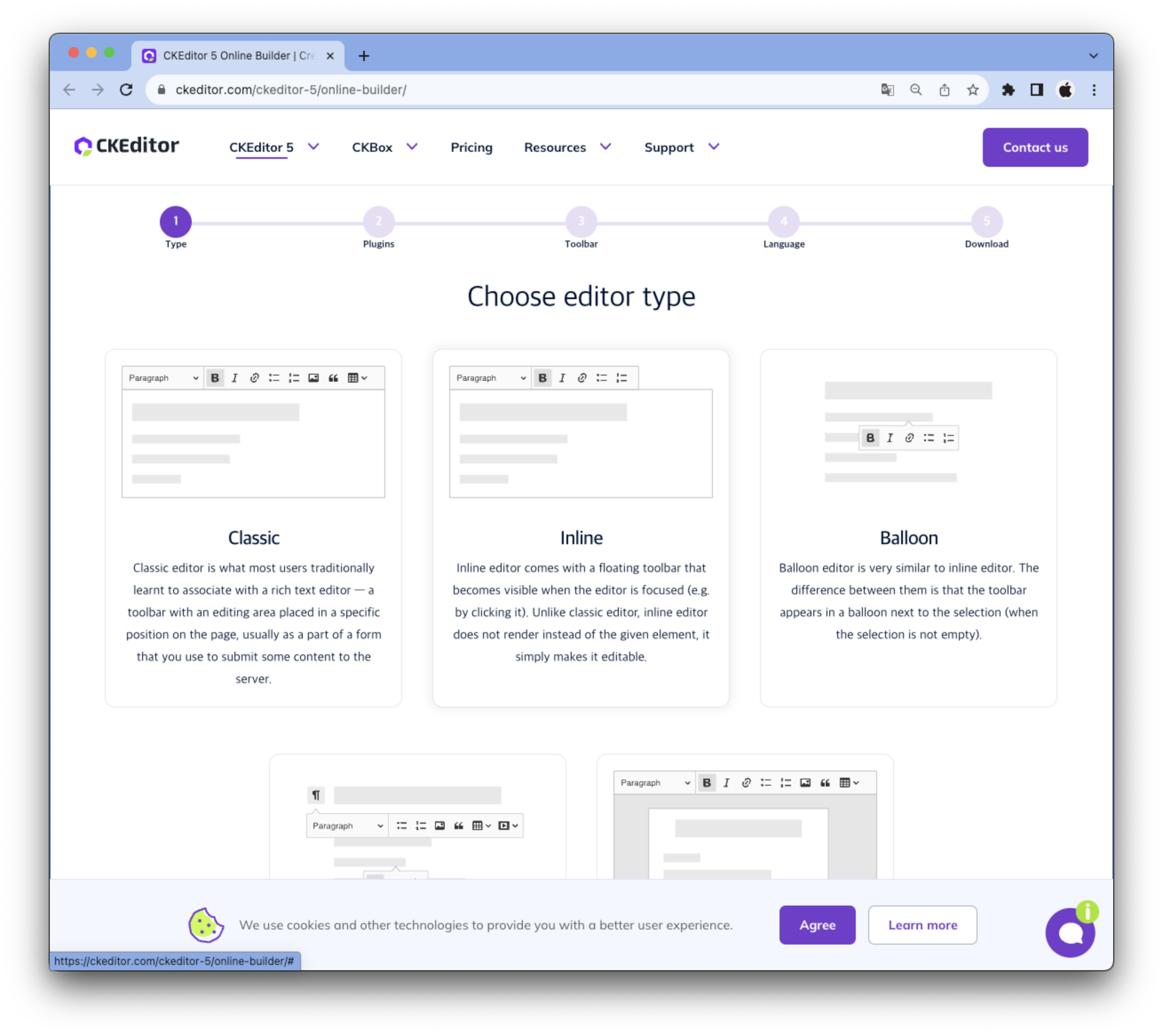 CKEditor5 Online Builder에서 에디터 타입 선택 화면