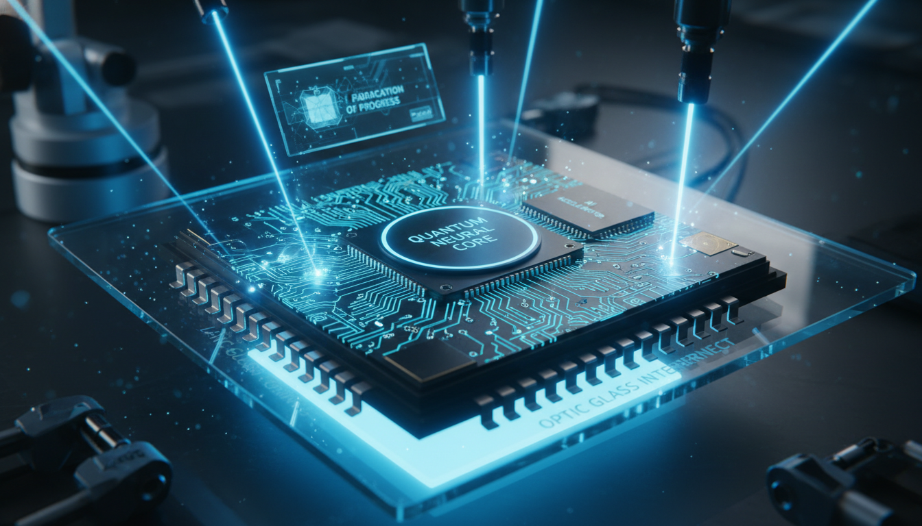 레이저를 통해 미세 공정이 진행 중인 투명한 유리기판과 AI 반도체의 확대 모습