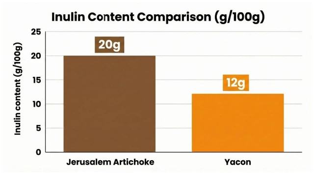 돼지감자와 야콘의 100g당 이눌린 함량 비교 그래프로 돼지감자가 월등히 높은 수치를 나타냄