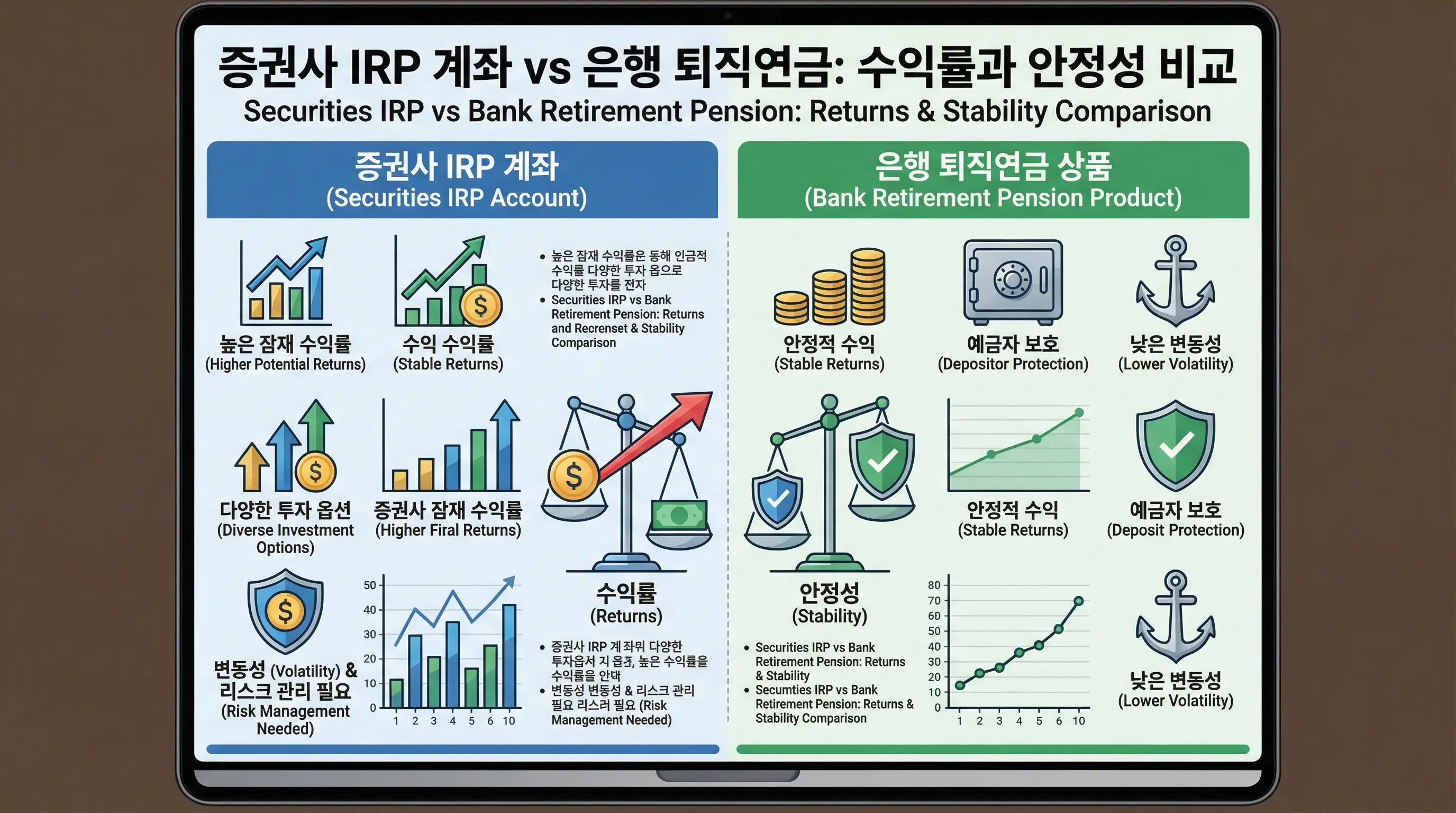 증권사 IRP 계좌와 은행 퇴직연금 상품의 수익률과 안정성을 비교하는 인포그래픽