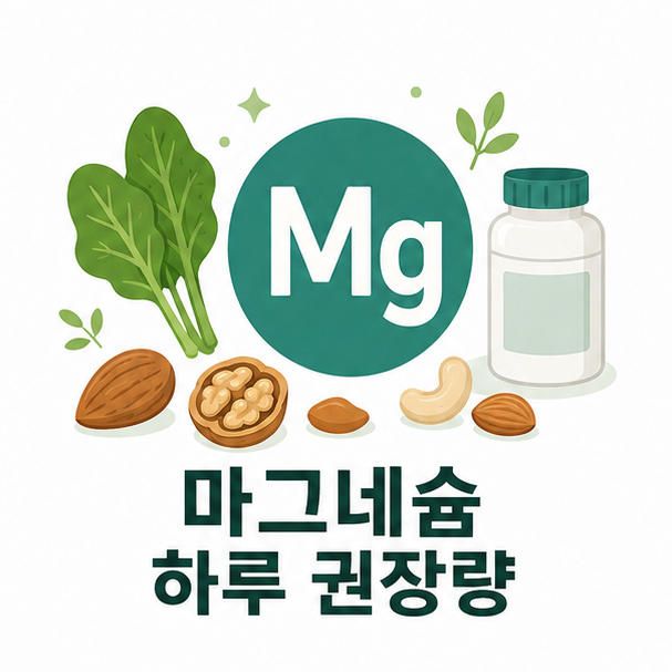 마그네슘 기호와 견과류, 녹색 채소, 영양제로 표현한 마그네슘 하루 권장량