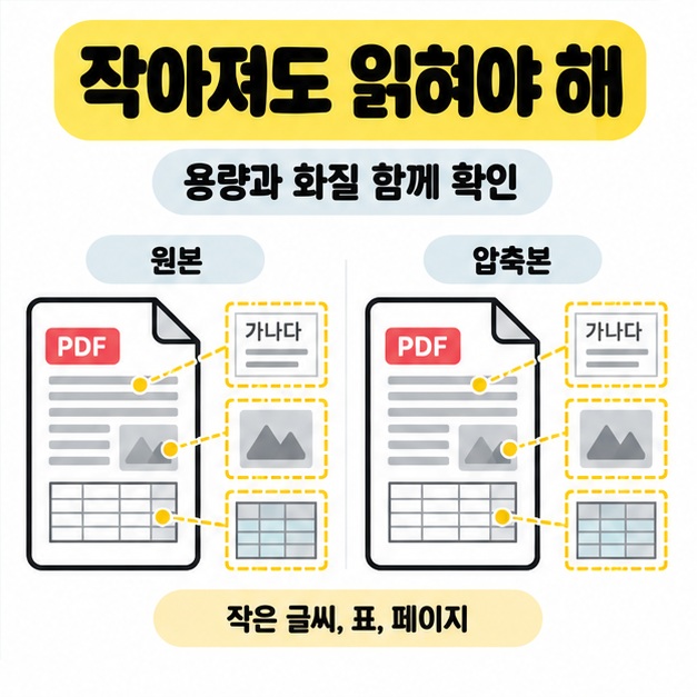 원본과 압축본의 글씨, 이미지와 표를 확대해 비교하고 용량과 화질, 페이지를 함께 확인하도록 안내한 그림