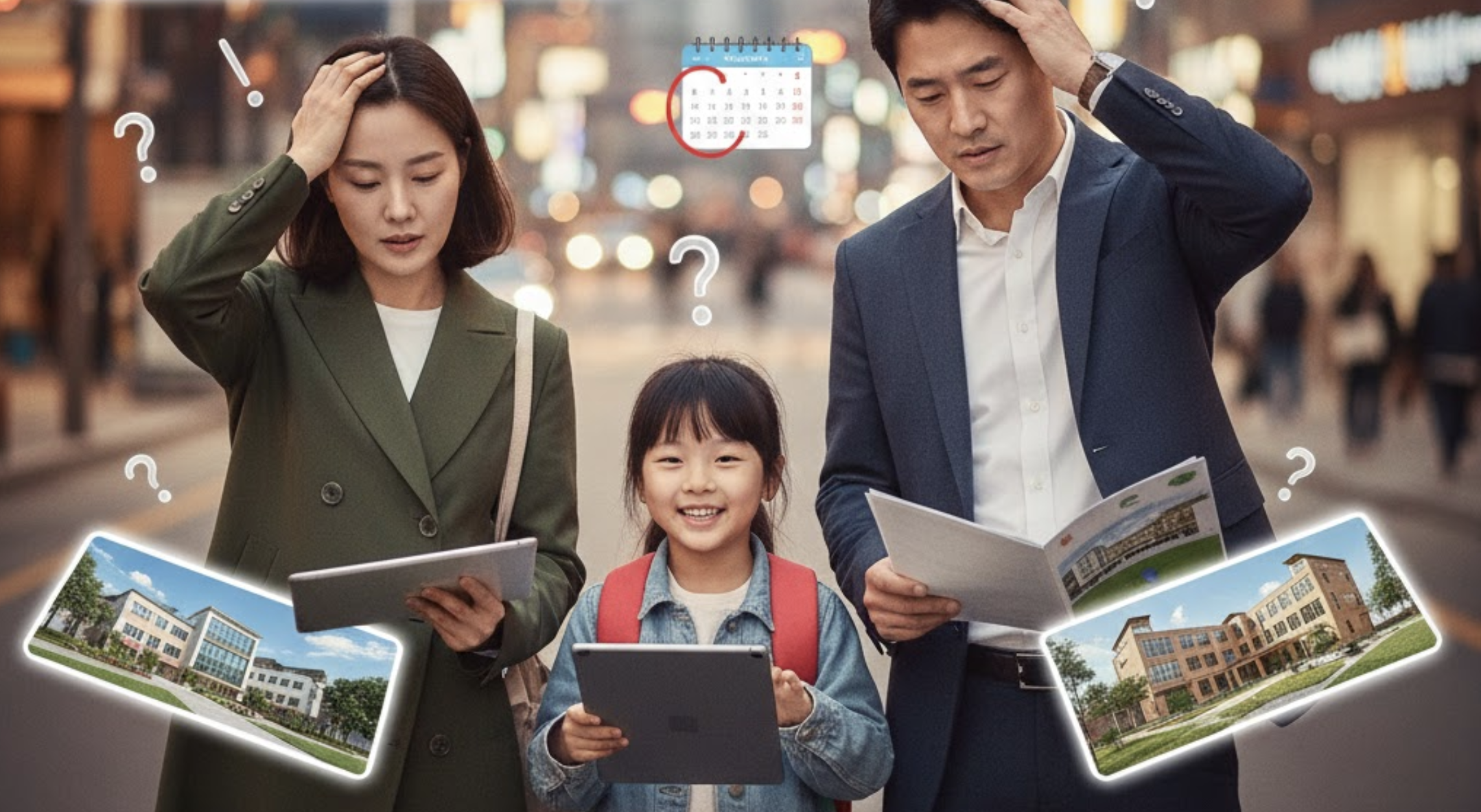 만 3세 아이를 둔 부모가 여러 유치원 건물 사진들을 띄워놓고 어린이집과 유치원 사이에서 고민하며 서 있는 모습