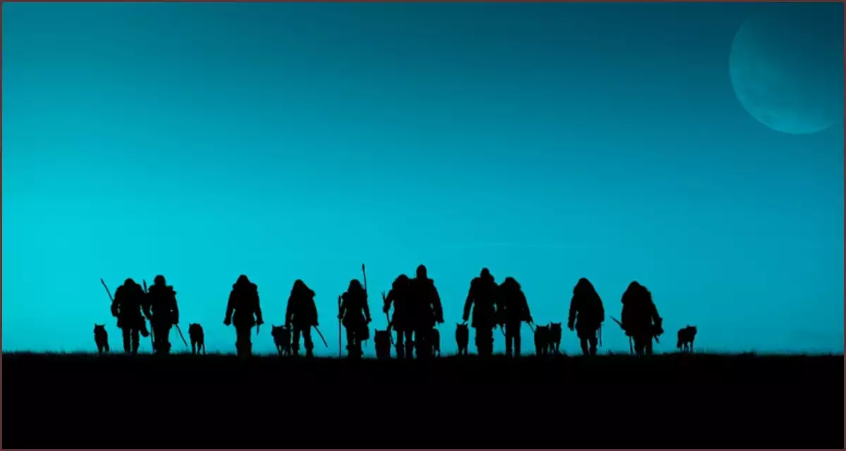 개와 함께 사냥출정하는 부족장 케다와 부족원들