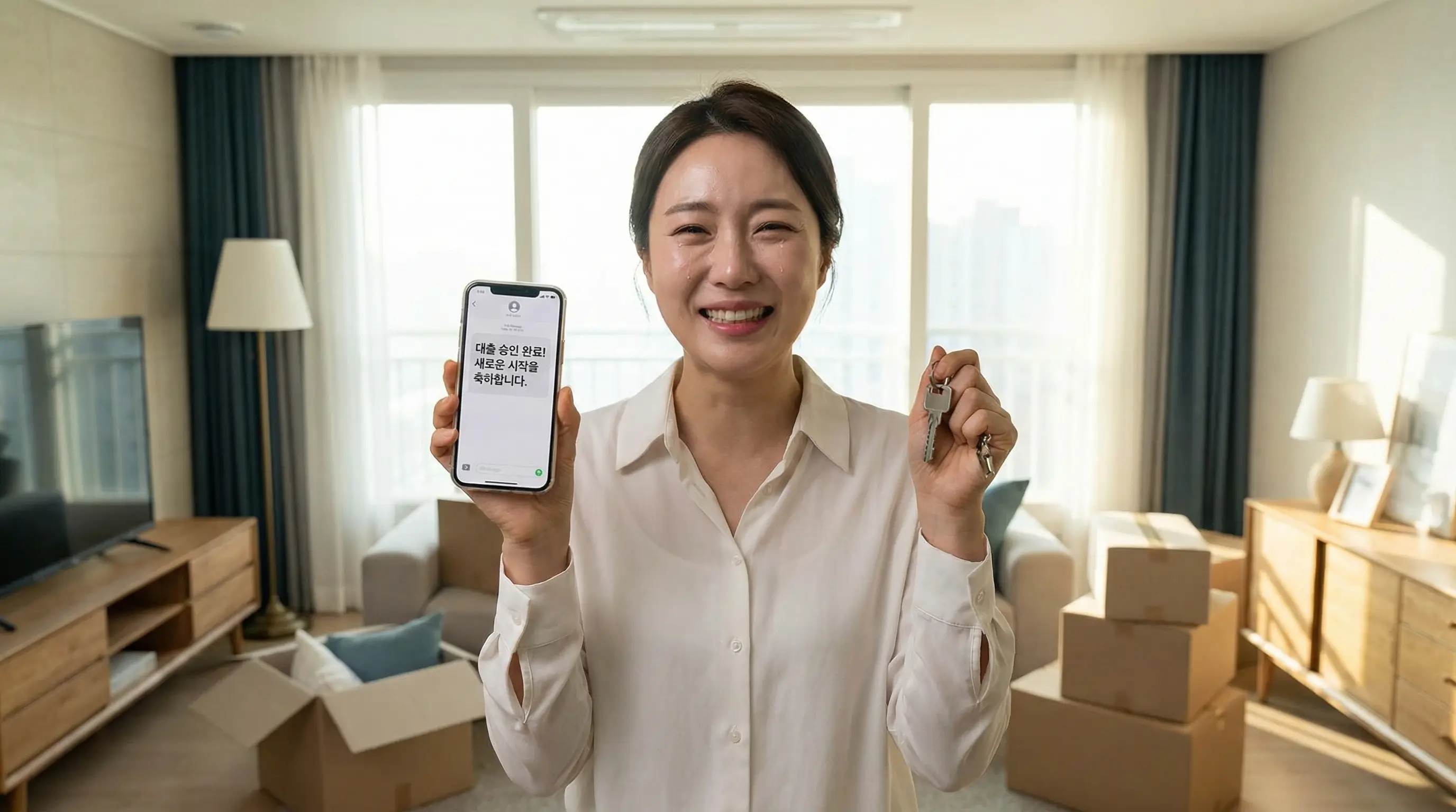 대출 승인 완료 메시지를 받고 기뻐하며 이사 갈 집 열쇠를 쥐고 있는 모습