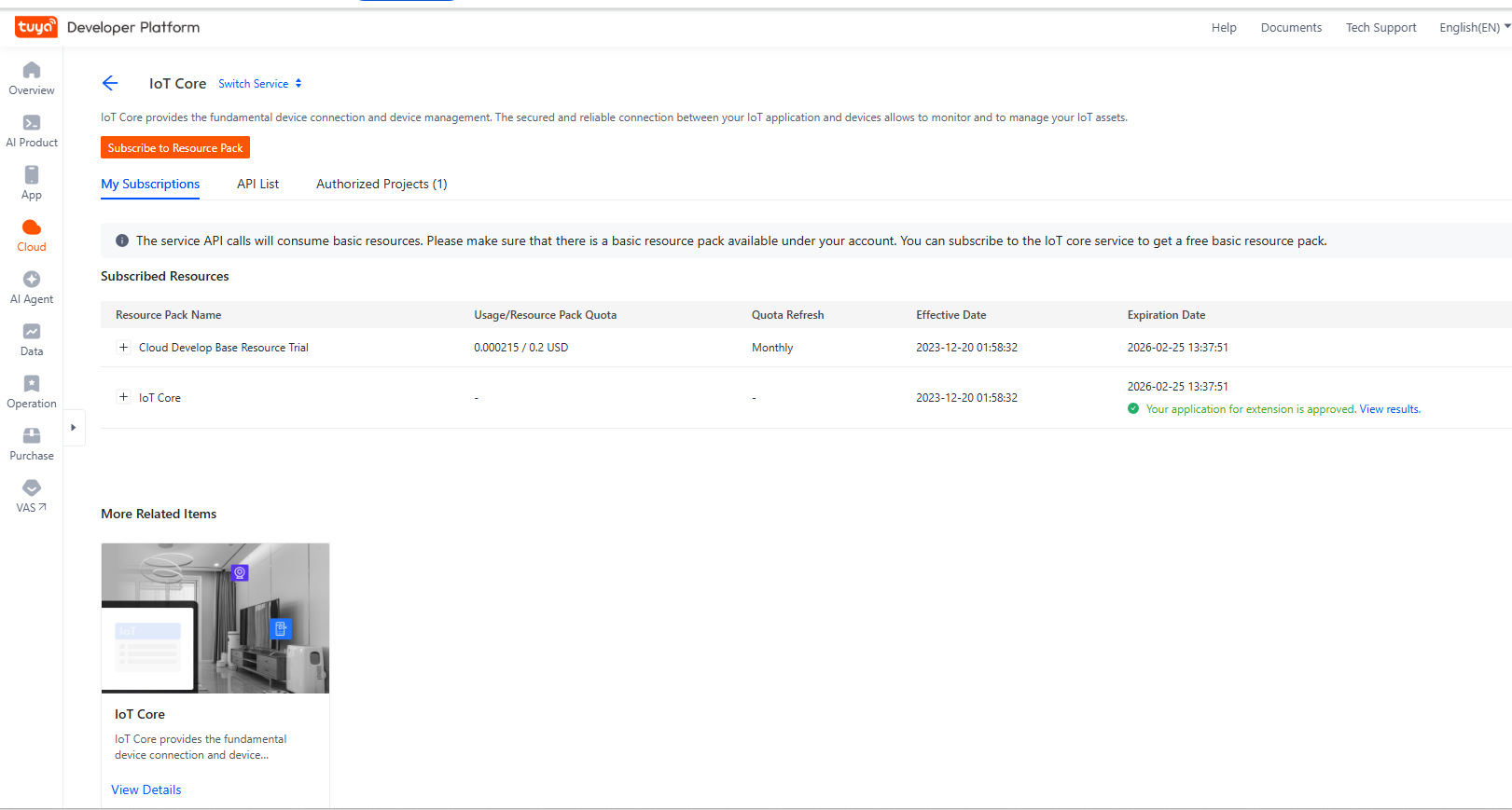 Tuya IoT Core API 키 연장 방법