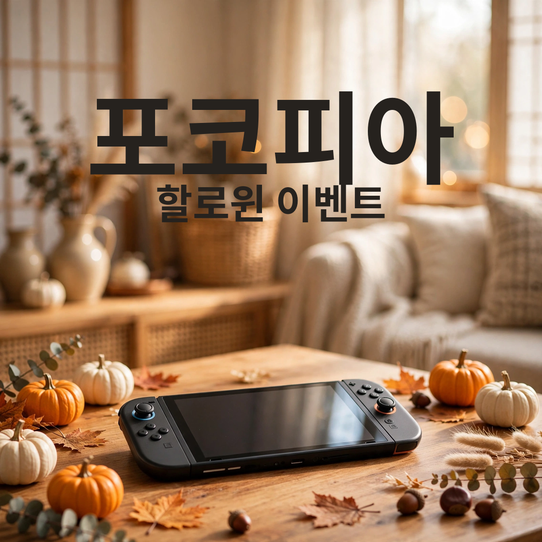 AI 실사 생성(실사 썸네일, 상단 한글 오버레이 Noto Sans CJK KR Bold): 포코피아 / 할로윈 이벤트