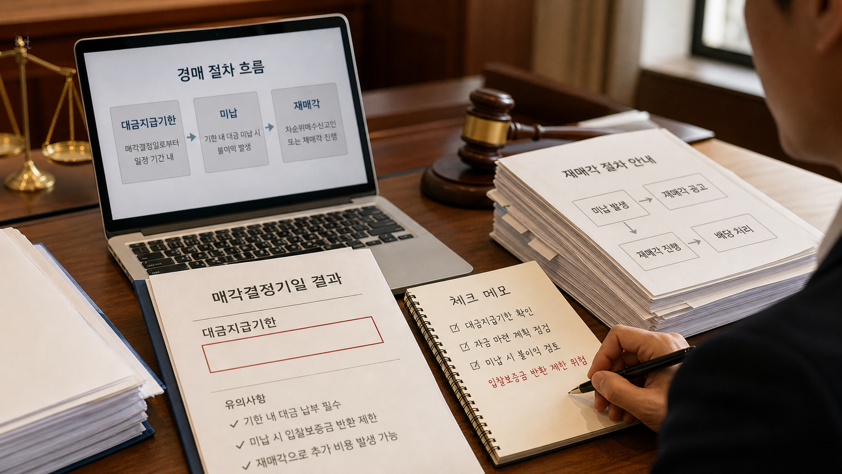 대금지급기한와 미납를 법원 서류에서 확인하는 모습