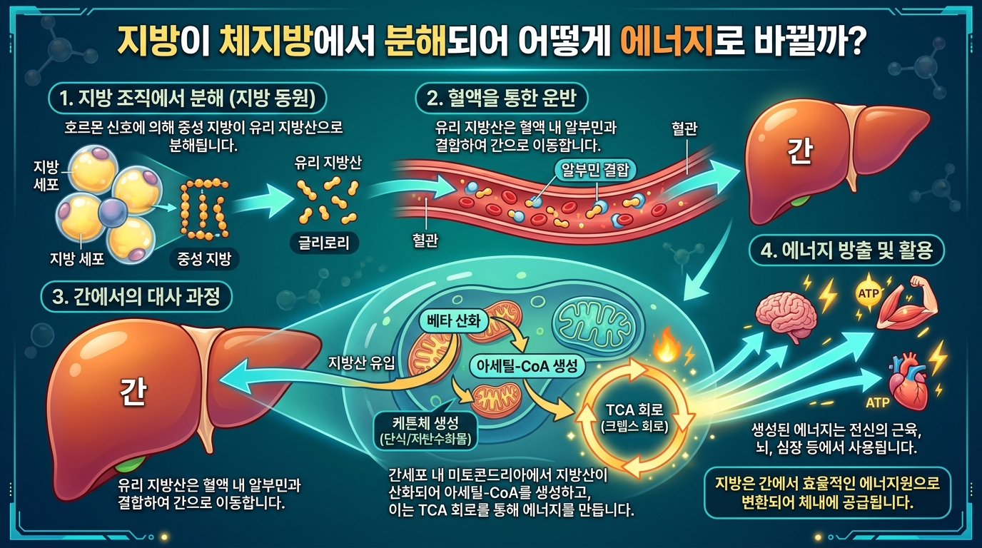 지방이 체세포에서 분해되어 혈액을 타고 간으로 이동한 뒤, 미토콘드리아 대사를 거쳐 전신 에너지(ATP)로 바뀌는 과정을 나타낸 인포그래픽