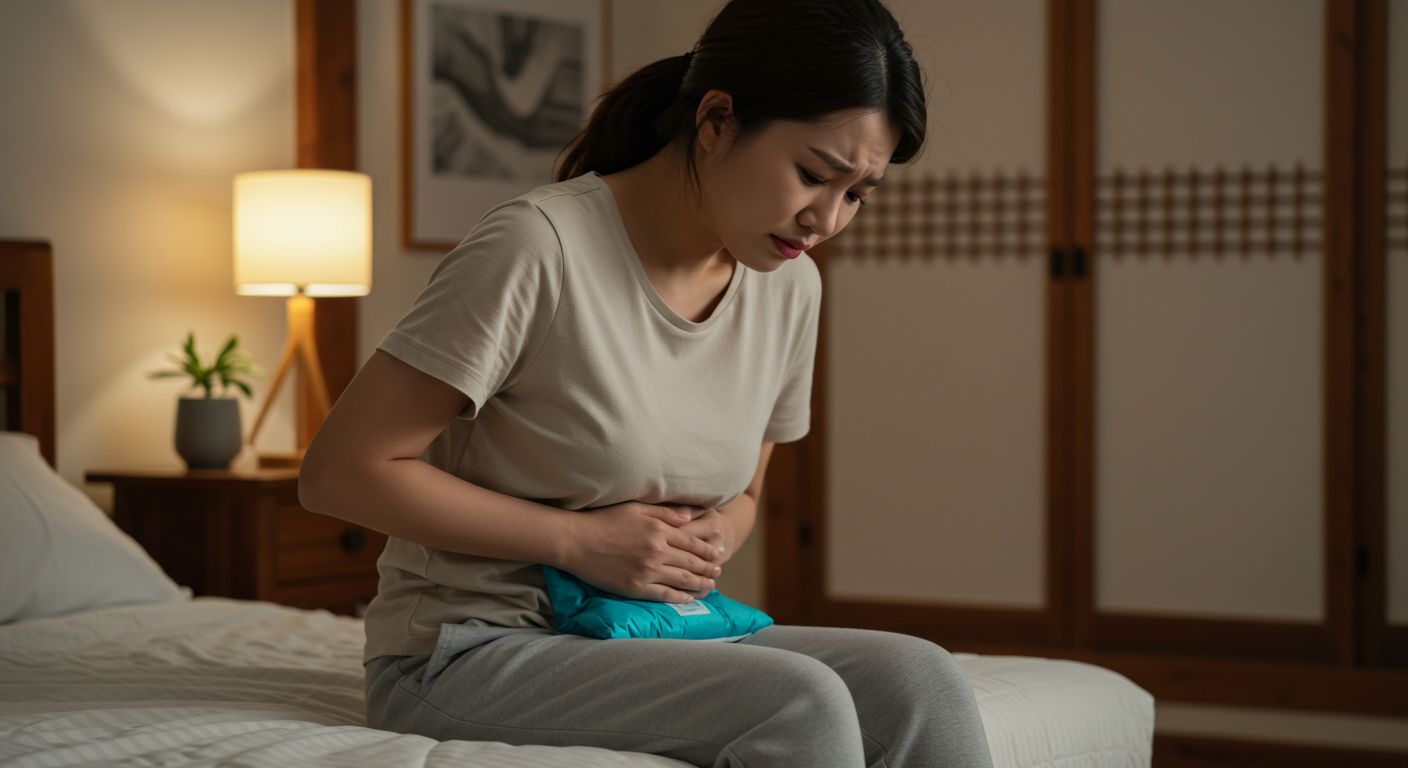 한국 여성이 생리통으로 배를 잡고 통증을 느끼는 모습
