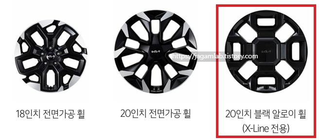 2026 쏘렌토 2.2 디젤 18인치 전면가공 휠, 20인치 전면가공 휠, X-Line 전용 20인치 블랙 알로이 휠 디자인