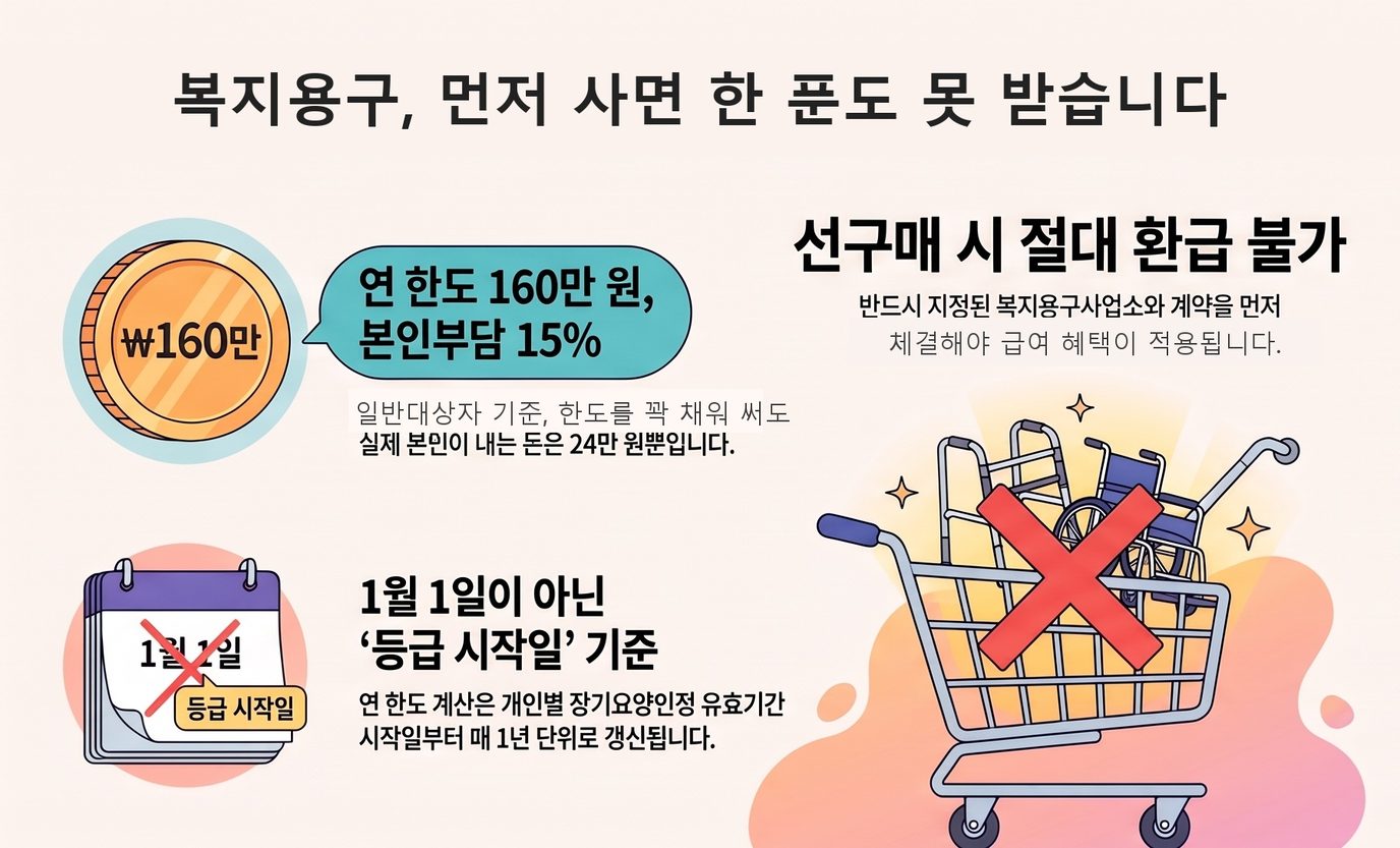 복지용구 이용에서 놓치기 쉬운 세 가지를 보여 주는 도표. 연 한도 160만 원에 본인부담 15%이며 일반대상자가 한도를 꽉 채워 써도 실제로 내는 돈은 24만 원이라는 것, 시중에서 먼저 사면 환급이 안 되고 반드시 지정된 복지용구사업소와 계약을 먼저 체결해야 급여가 적용된다는 것, 연 한도의 기준일이 1월 1일이 아니라 개인별 장기요양인정 유효기간 시작일이며 그날부터 매 1년 단위로 갱신된다는 것이 각각 그림과 함께 적혀 있다