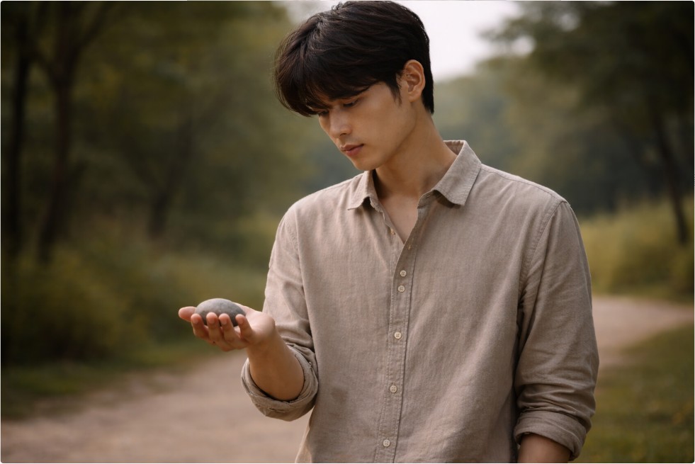 손에 작은 돌을 들고 조용히 바라보며 생각하는 사람