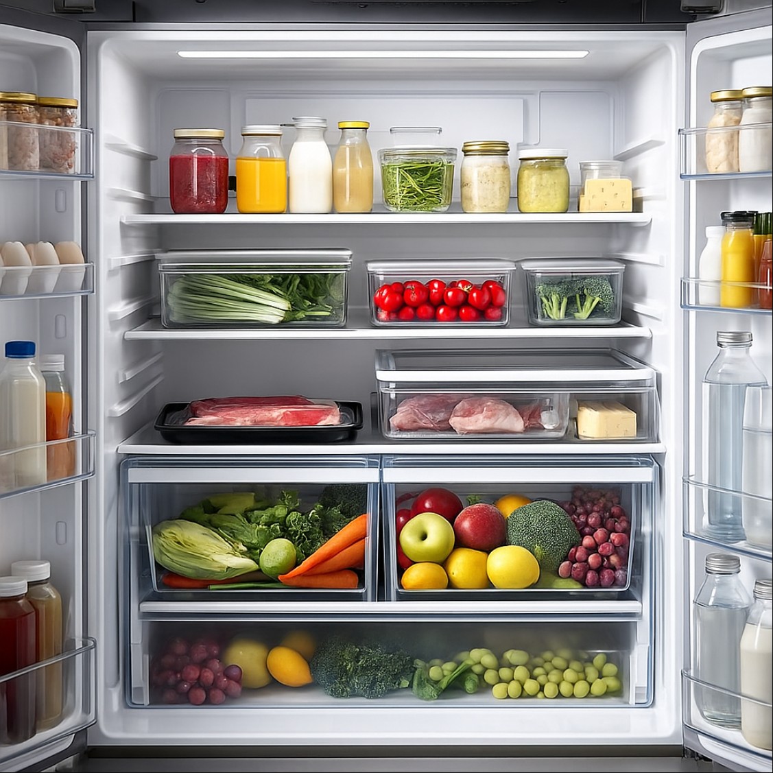 냉장고 칸별 온도차와 식품 보관 위치를 보여주는 정리된 냉장고 내부 이미지