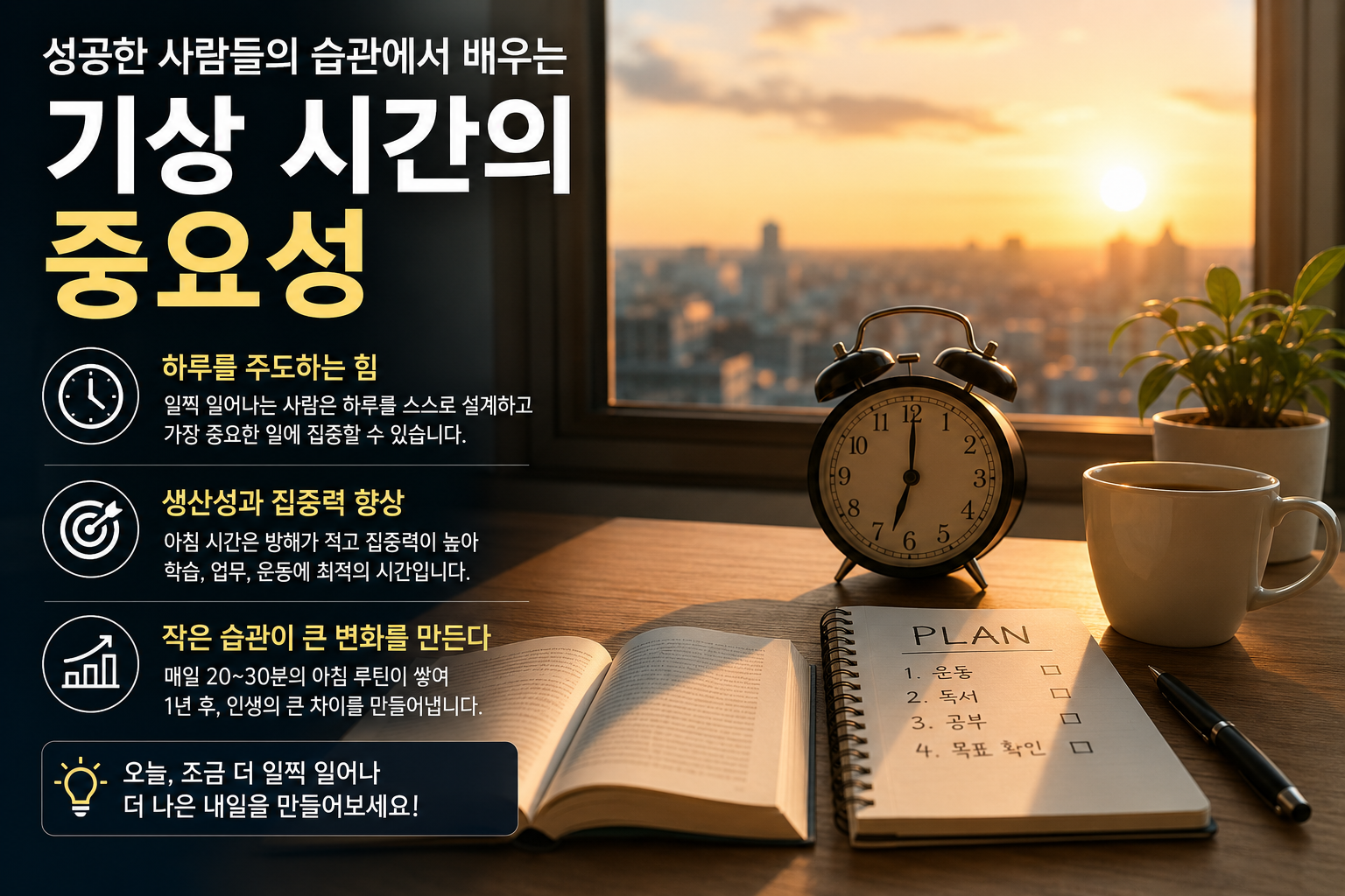 성공한 사람들의 습관에서 배우는 기상 시간의 중요성과 아침 루틴을 표현한 이미지