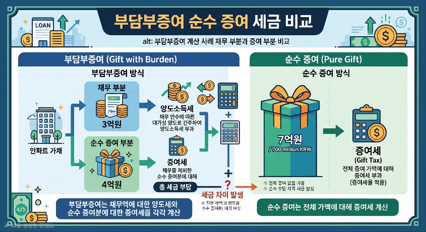부담부증여 계산 사례 채무 부분과 증여 부분 비교
