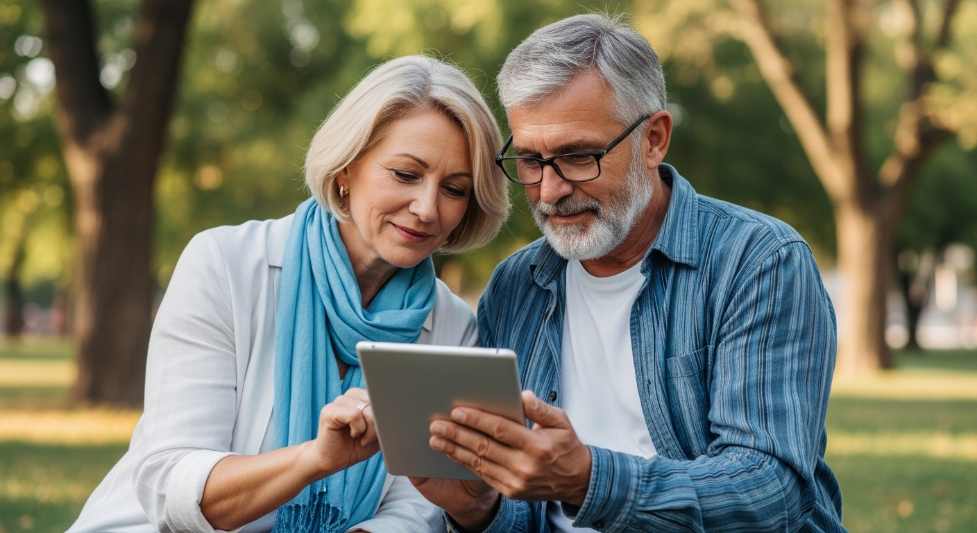 공원에서 태블릿으로 블로그 통계를 확인하는 커플