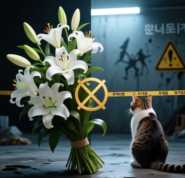 왼쪽에는 백합꽃이 있고 그 옆에 고양이가 앉아 있다