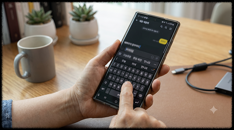 문자 입력 중 예측 텍스트와 자동 수정 기능이 표시되는 스마트폰 화면
